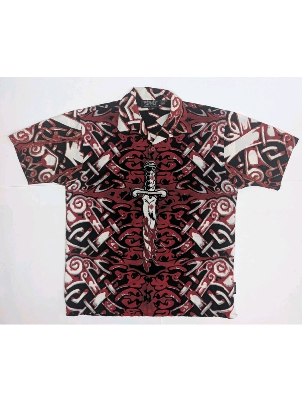 Vtg Y2K Dragonfly Dagger Celtic Knot AOP Mens L Button Up Shirt Red White Black